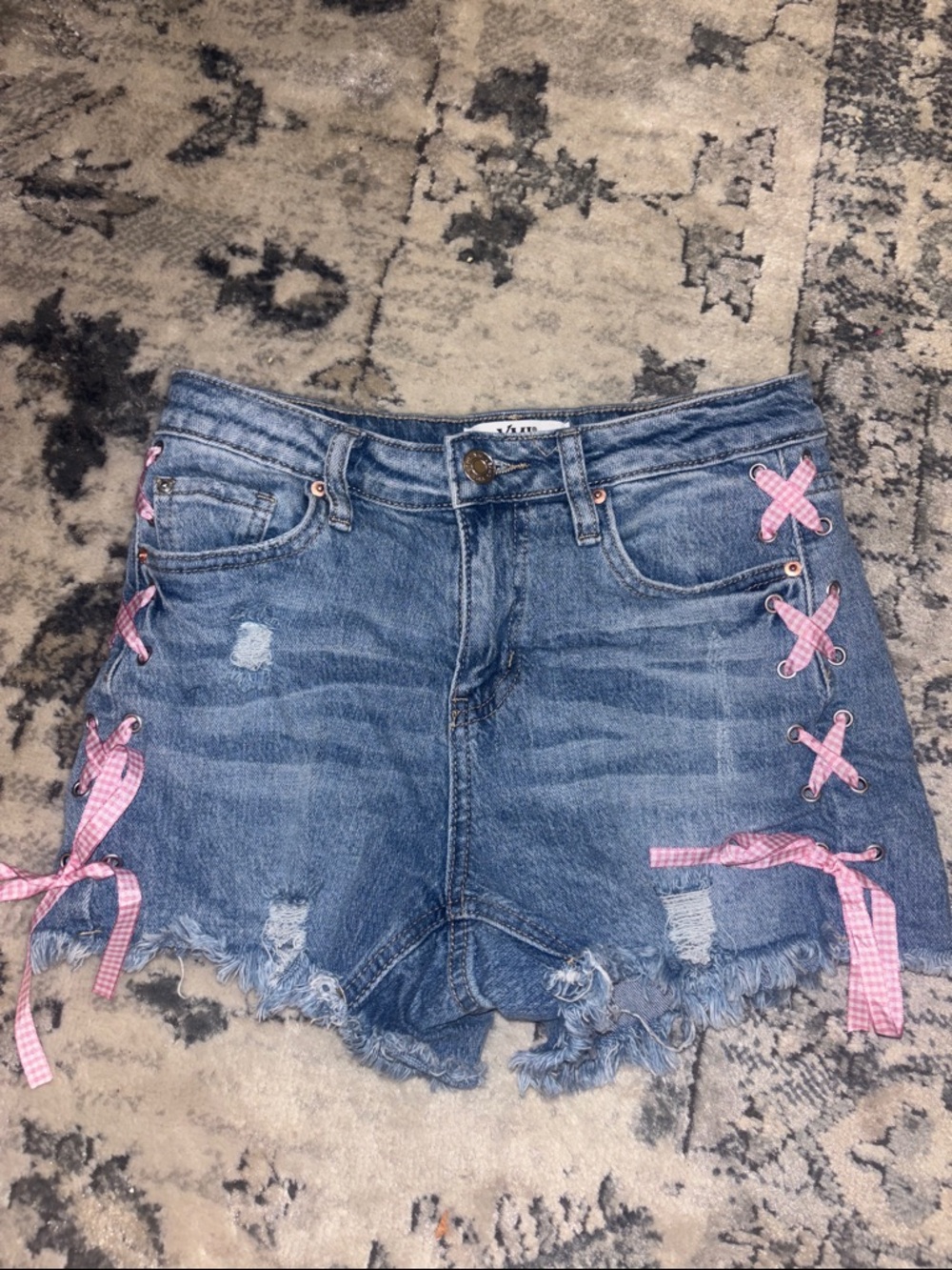 Jean shorts with plaid pink ribbons